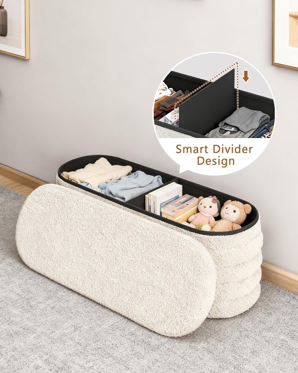 43 Inch SherpaWhite Upholstered Storage Ottoman Bench