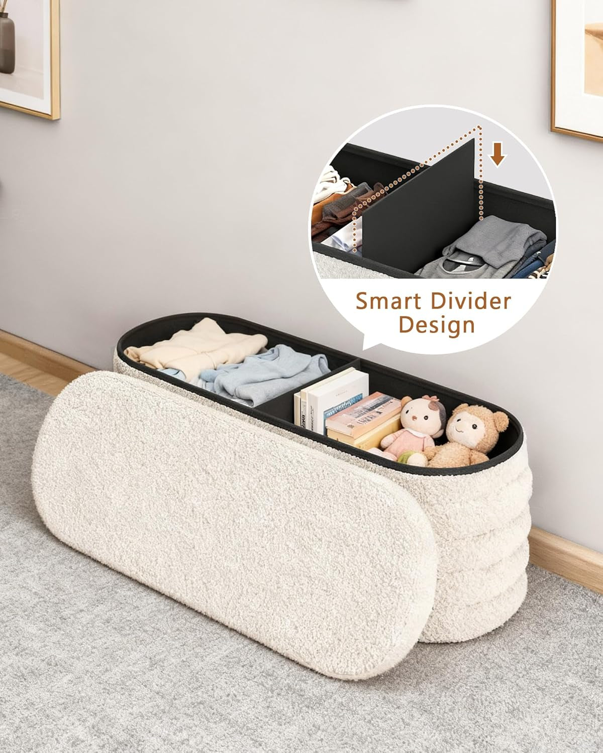 43 Inch SherpaWhite Upholstered Storage Ottoman Bench