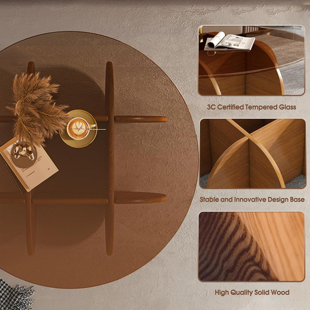 Contemporary Circular Glass Coffee Table Wooden Legs